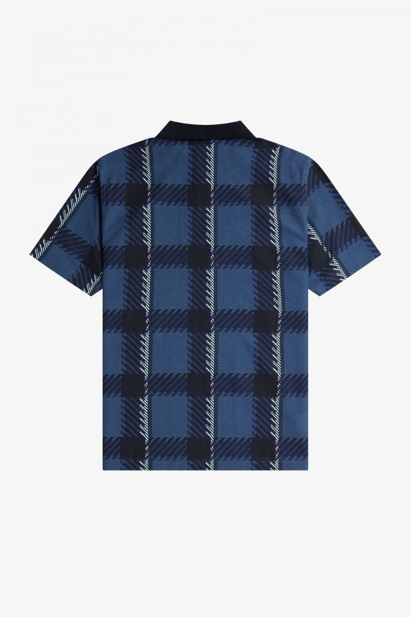 Fred Perry Glitch Tartan Zip Neck Men's Polo Shirt Midnight Blue | PDNYI5619