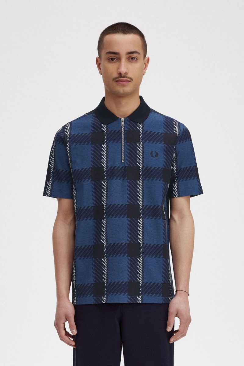 Fred Perry Glitch Tartan Zip Neck Men\'s Polo Shirt Midnight Blue | PDNYI5619