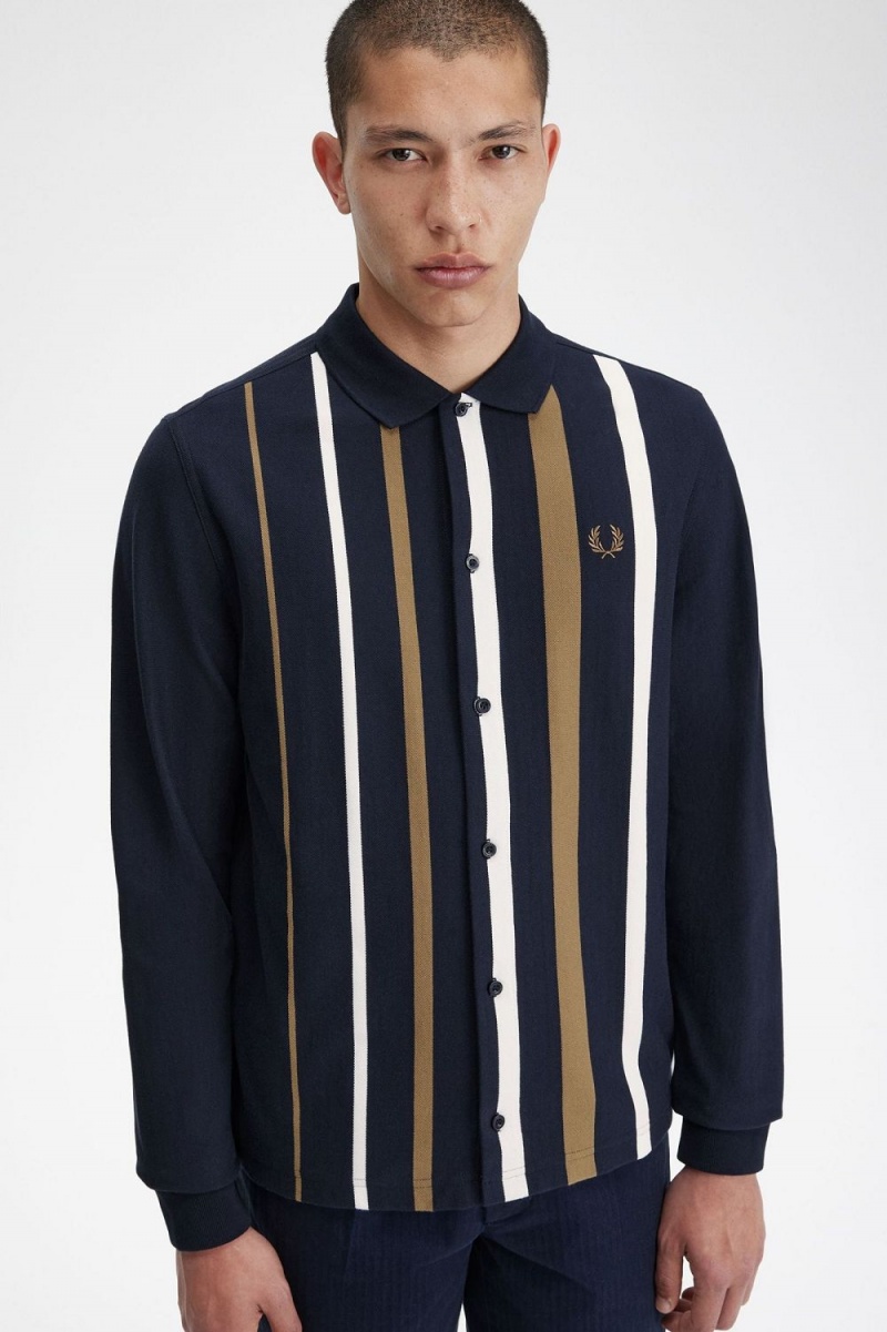 Fred Perry Gradient Stripe Long Sleeve Men's Polo Shirt Navy | MDUXH3617