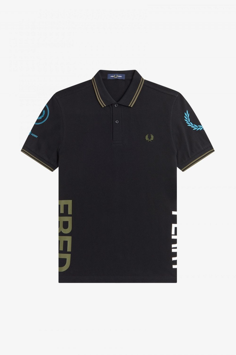 Fred Perry Graphic Branded Men's Polo Shirt Black | XBADC6879