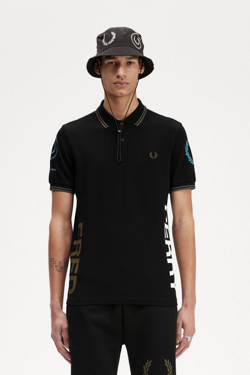 Fred Perry Graphic Branded Men\'s Polo Shirt Black | XBADC6879