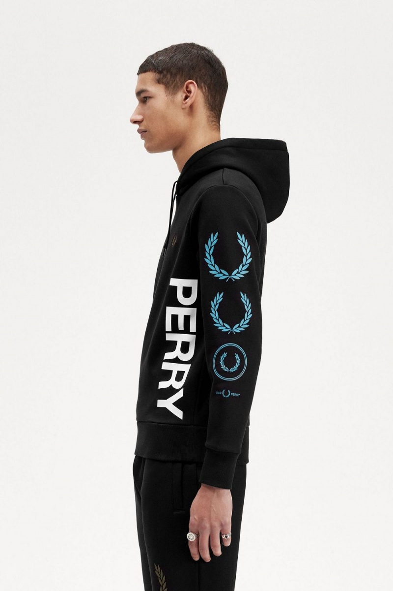 Fred Perry Graphic Branding Hooded Men's Sweatshirts Black | ZYFCO7235