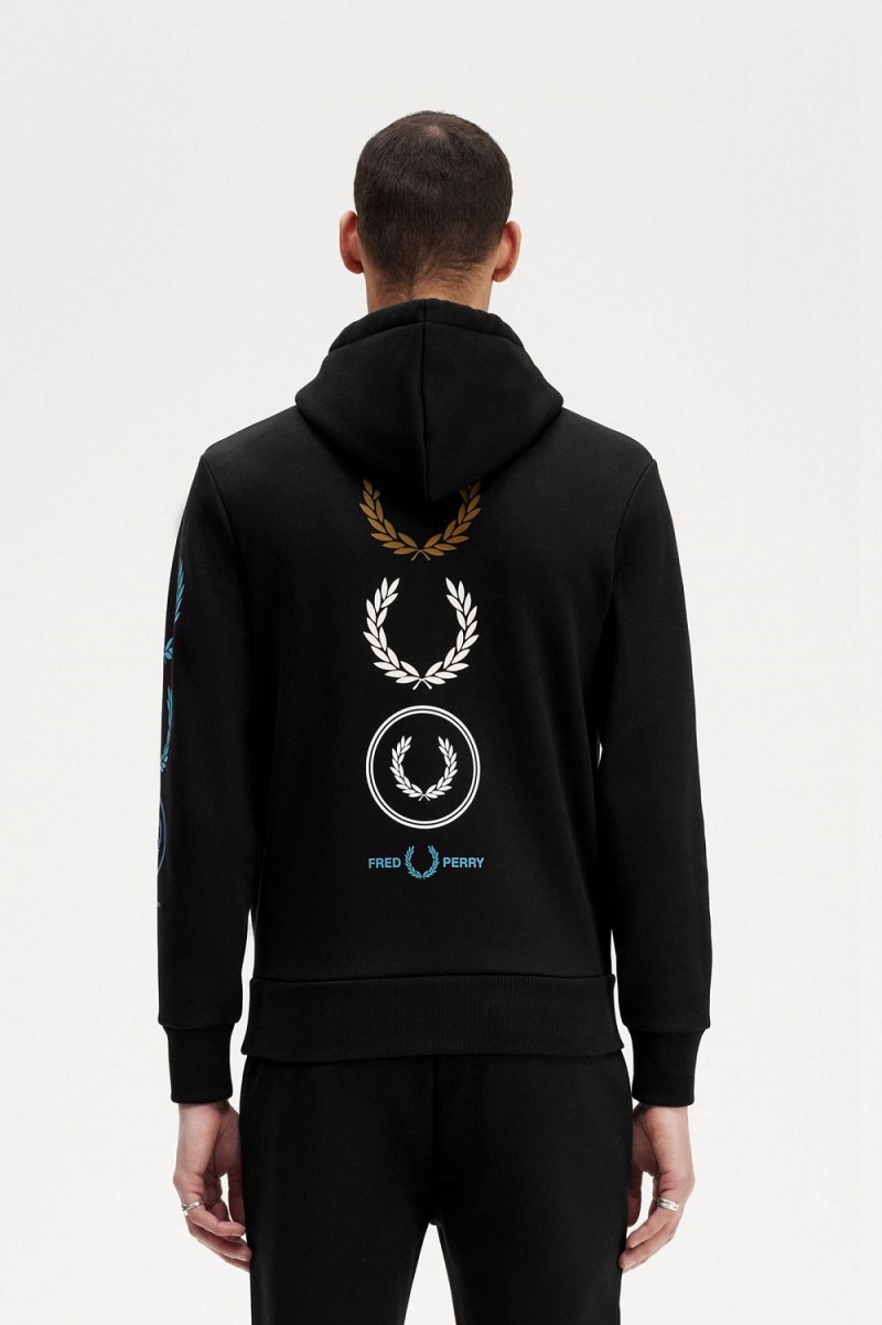 Fred Perry Graphic Branding Hooded Men's Sweatshirts Black | ZYFCO7235