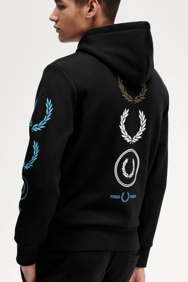 Fred Perry Graphic Branding Hooded Men's Sweatshirts Black | ZYFCO7235