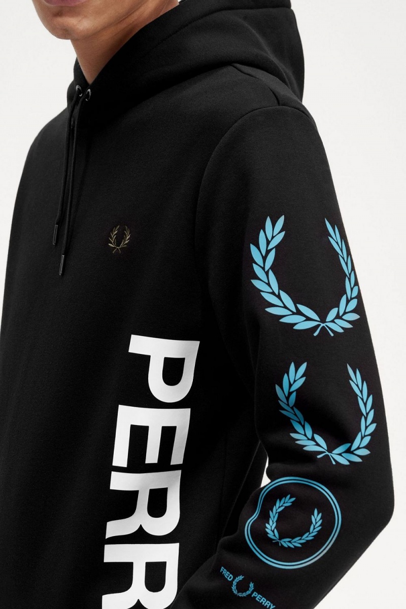 Fred Perry Graphic Branding Hooded Men's Sweatshirts Black | ZYFCO7235