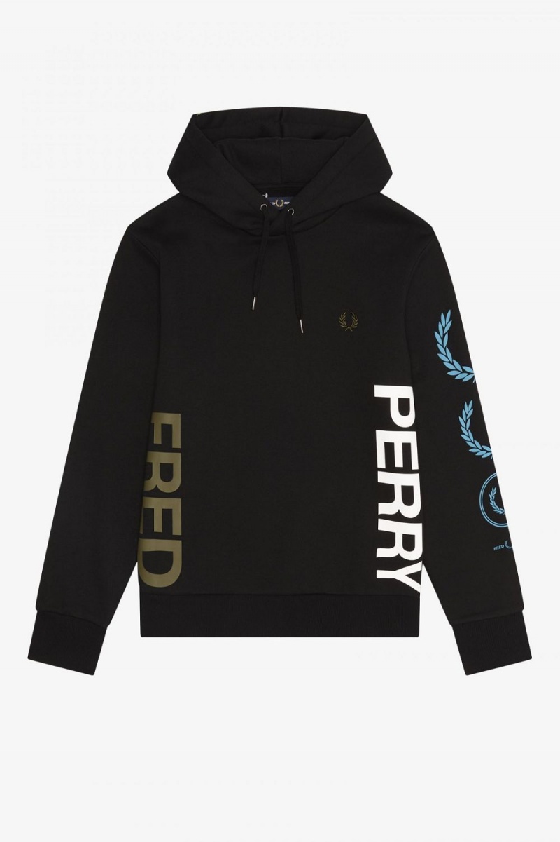 Fred Perry Graphic Branding Hooded Men's Sweatshirts Black | ZYFCO7235