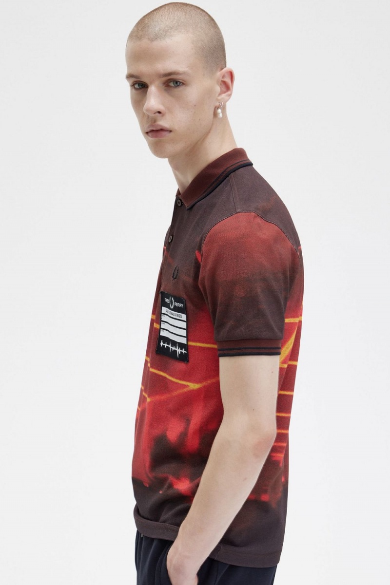 Fred Perry Graphic Print Men's Shirt Stadium Red | UKQNX1037