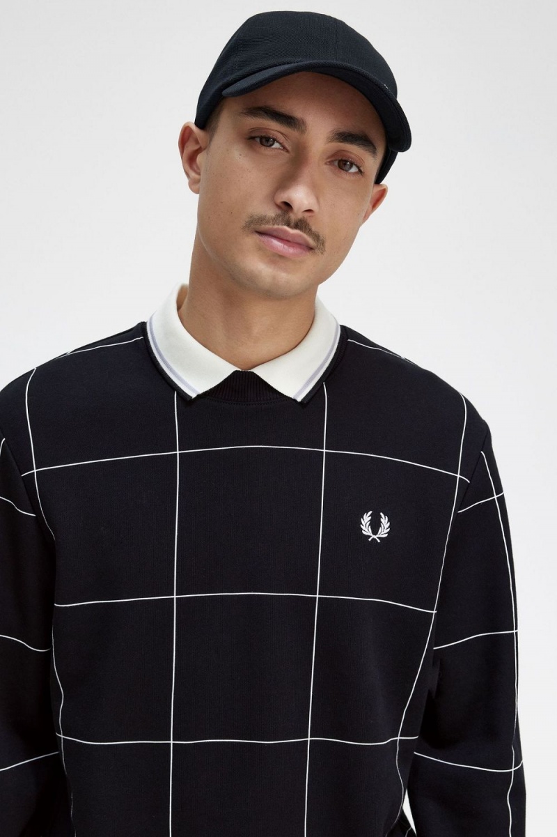 Fred Perry Grid Detail Men's Sweatshirts Black | RJFDA5273