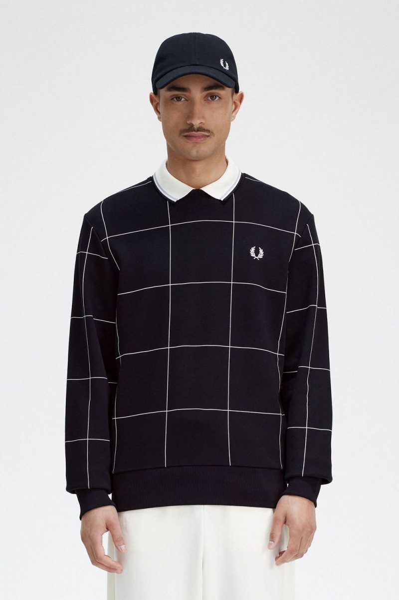 Fred Perry Grid Detail Men\'s Sweatshirts Black | RJFDA5273