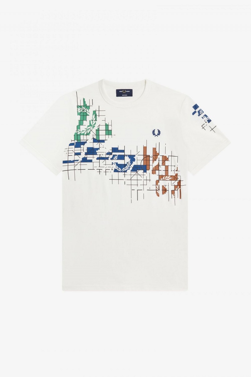 Fred Perry Grid Print Men's T-Shirt Snow White | NCOWG1024