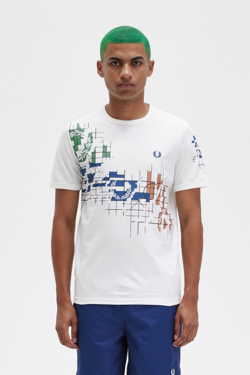 Fred Perry Grid Print Men\'s T-Shirt Snow White | NCOWG1024