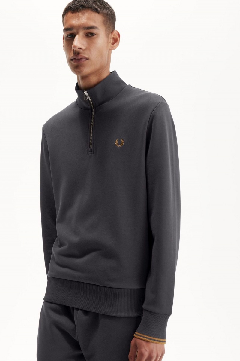 Fred Perry Half Zip Men's Sweatshirts Anchor Grey Dark Coffee | POLXB5109