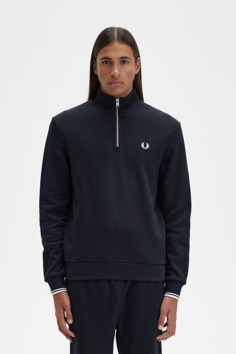 Fred Perry Half Zip Men\'s Sweatshirts Black | LXZRO6421