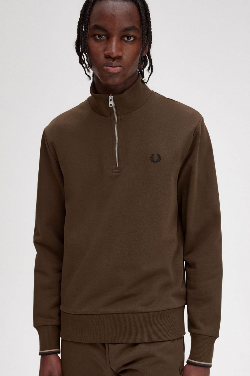 Fred Perry Half Zip Men's Sweatshirts Burnt Tobacco | FZWOX2910