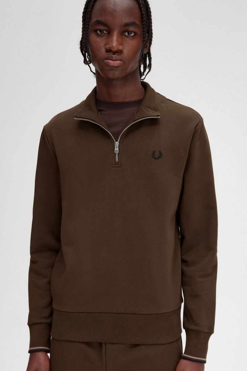 Fred Perry Half Zip Men's Sweatshirts Burnt Tobacco | FZWOX2910