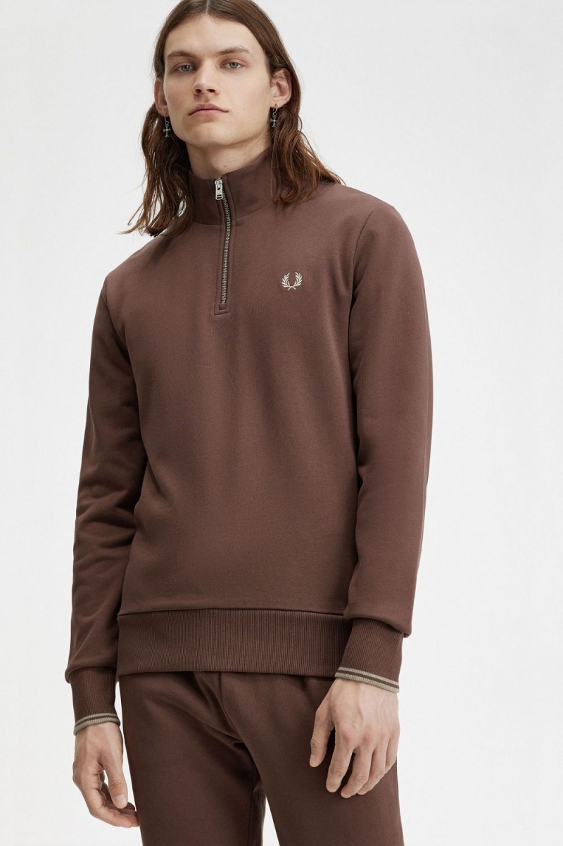 Fred Perry Half Zip Men's Sweatshirts Dark Red Warm Grey | LZGQO2318