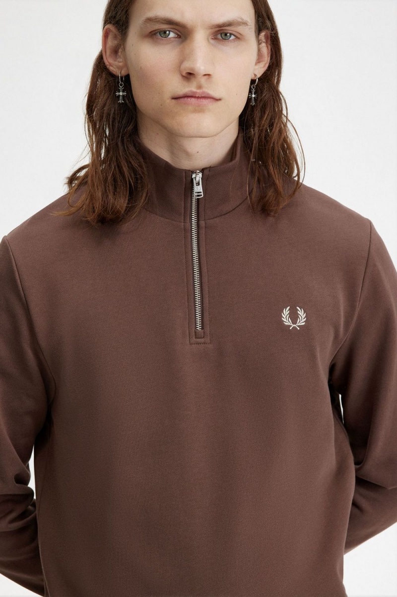 Fred Perry Half Zip Men's Sweatshirts Dark Red Warm Grey | LZGQO2318