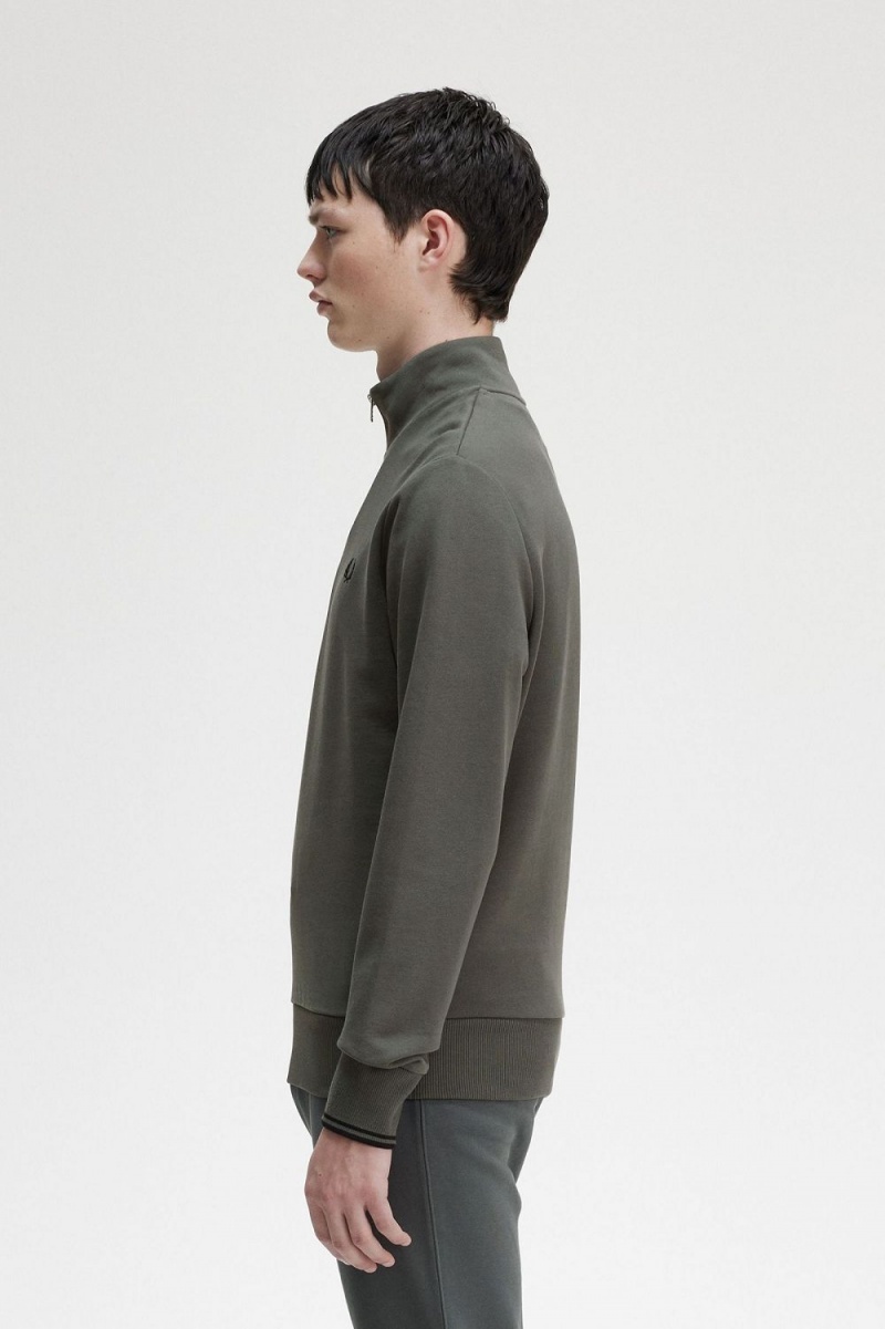 Fred Perry Half Zip Men's Sweatshirts Field Green | UZROA6205