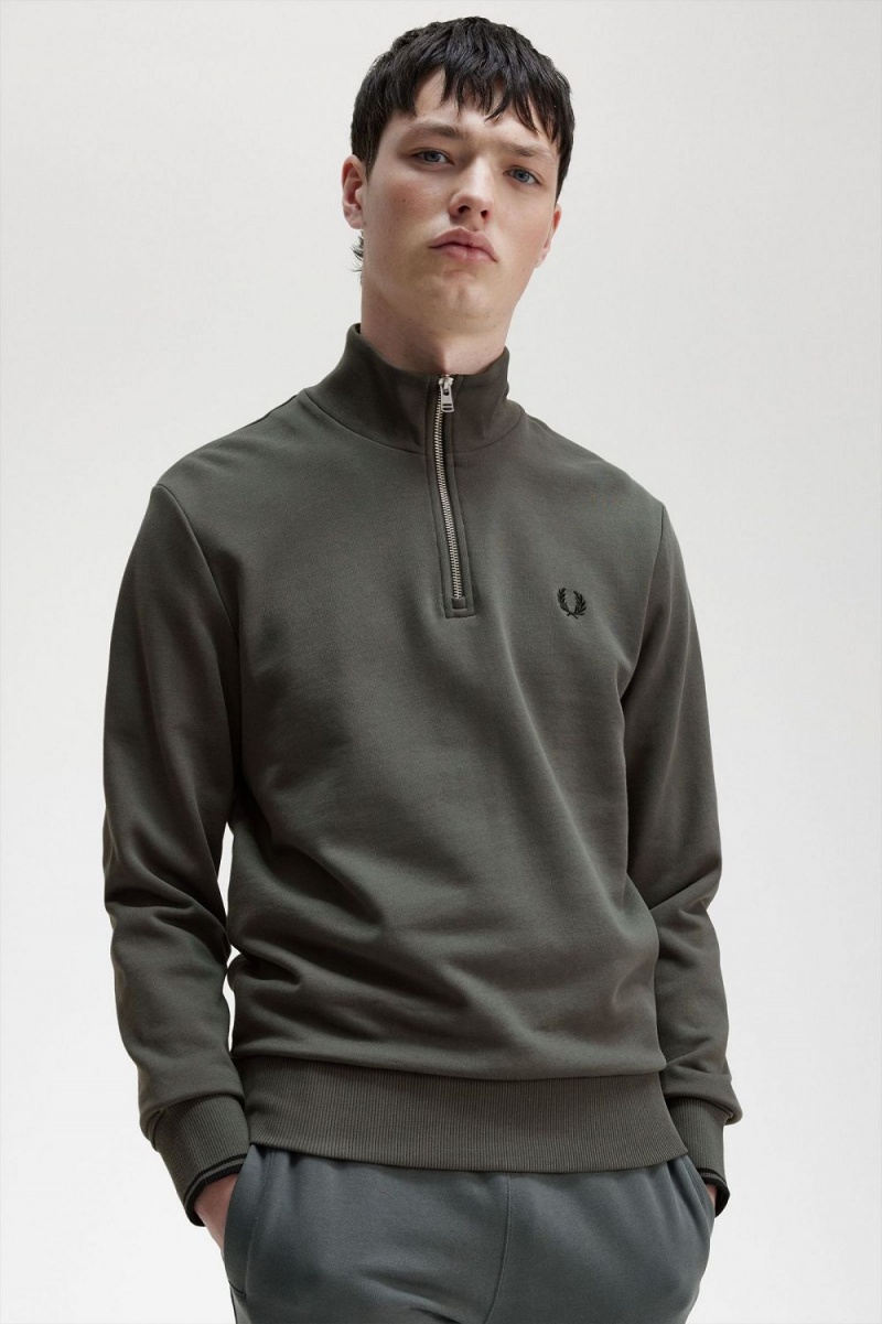 Fred Perry Half Zip Men's Sweatshirts Field Green | UZROA6205