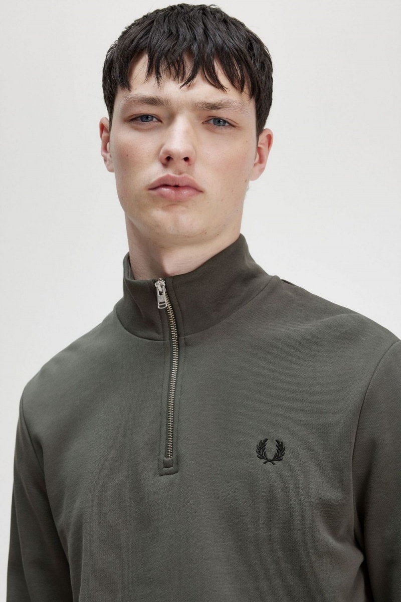 Fred Perry Half Zip Men's Sweatshirts Field Green | UZROA6205