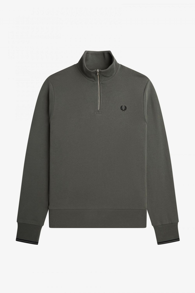 Fred Perry Half Zip Men's Sweatshirts Field Green | UZROA6205