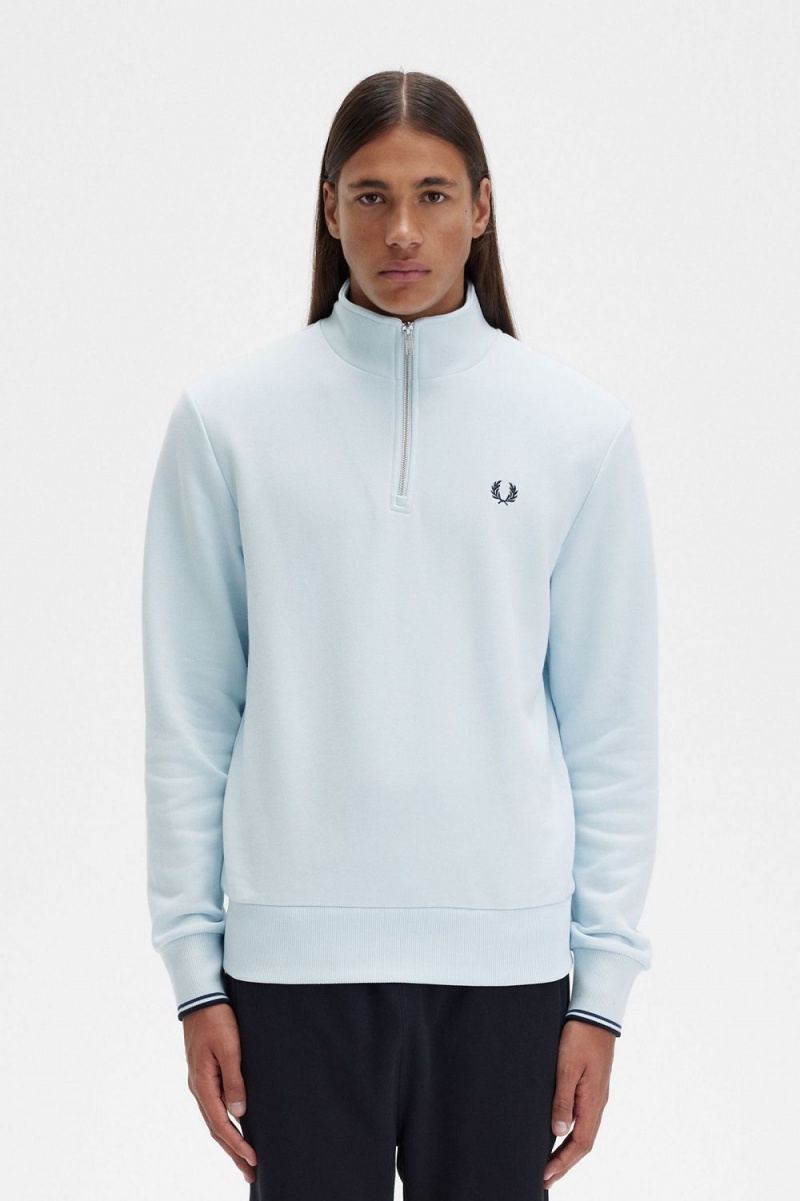 Fred Perry Half Zip Men\'s Sweatshirts Light Aqua | EOFSB7103