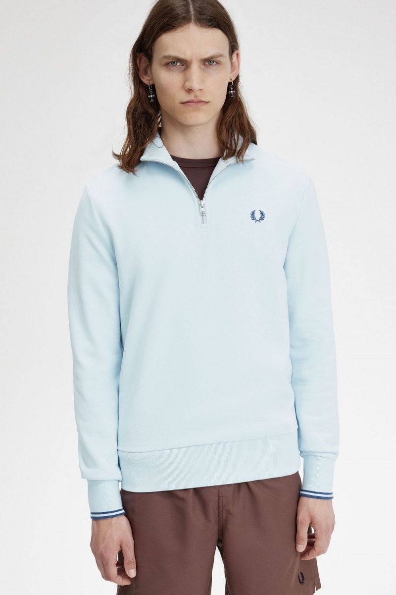 Fred Perry Half Zip Men's Sweatshirts Light Aqua Midnight Blue | QMWVD5136