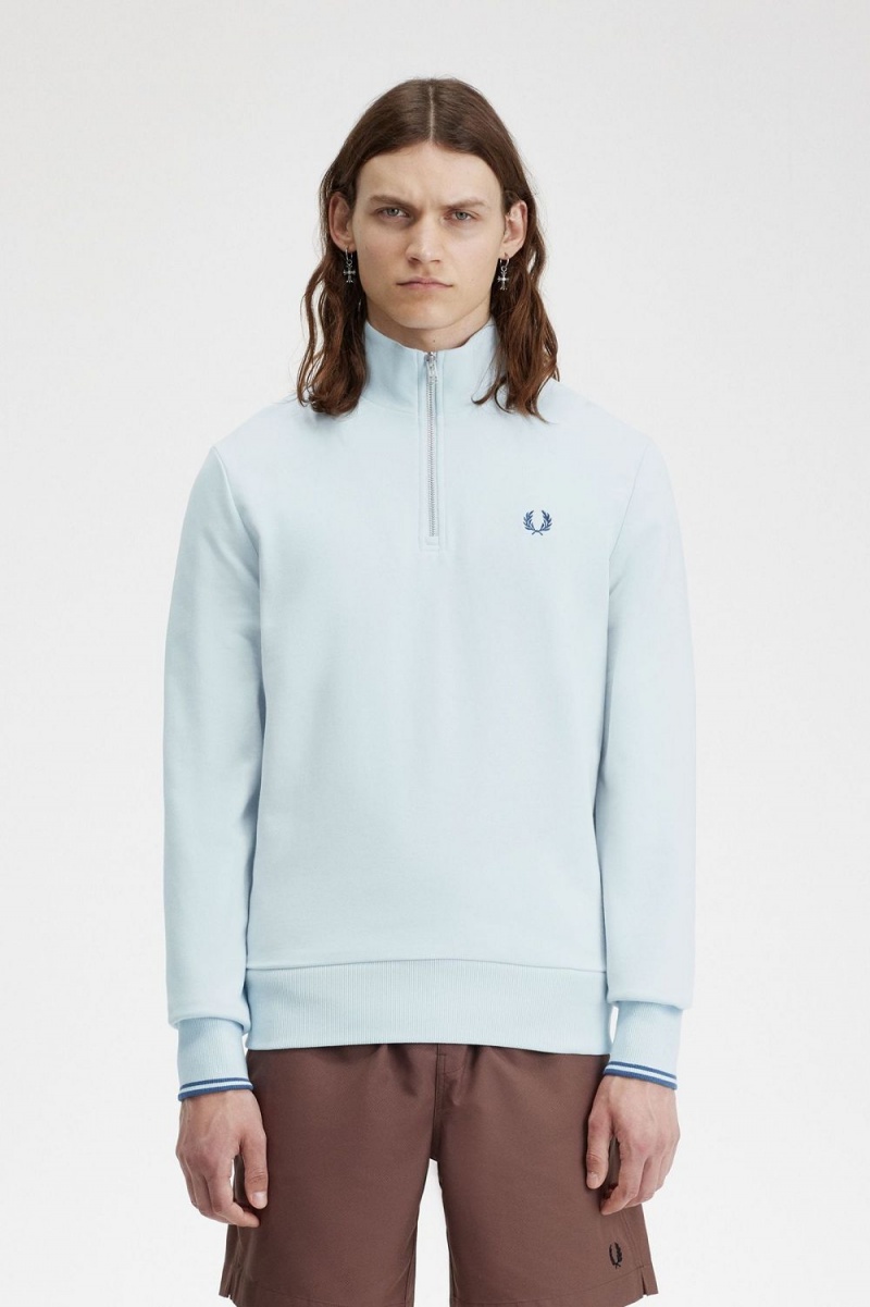 Fred Perry Half Zip Men\'s Sweatshirts Light Aqua Midnight Blue | QMWVD5136