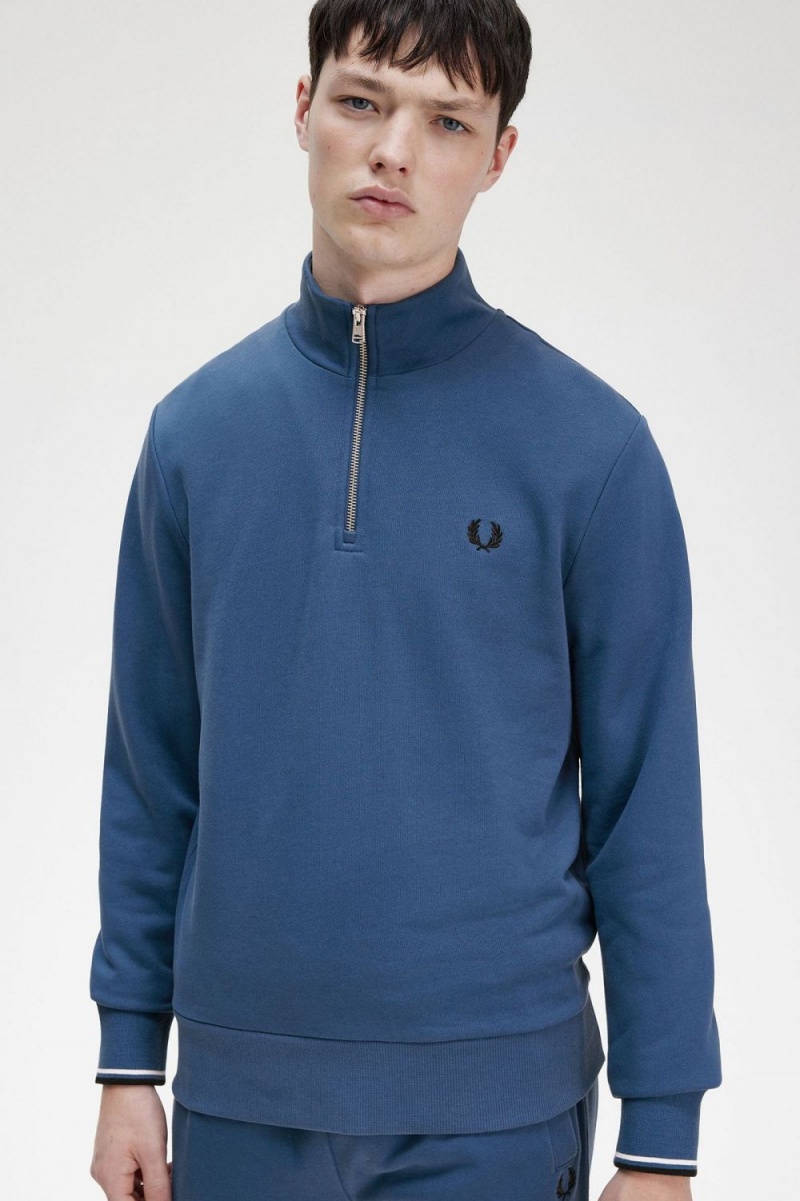 Fred Perry Half Zip Men's Sweatshirts Midnight Blue | ZXGWN0631