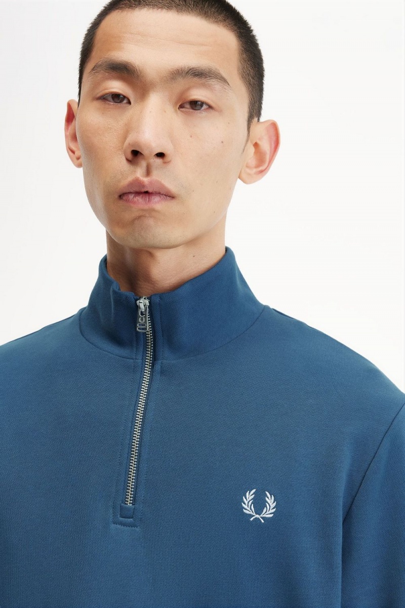 Fred Perry Half Zip Men's Sweatshirts Midnight Blue Light Aqua | KLDNJ3901