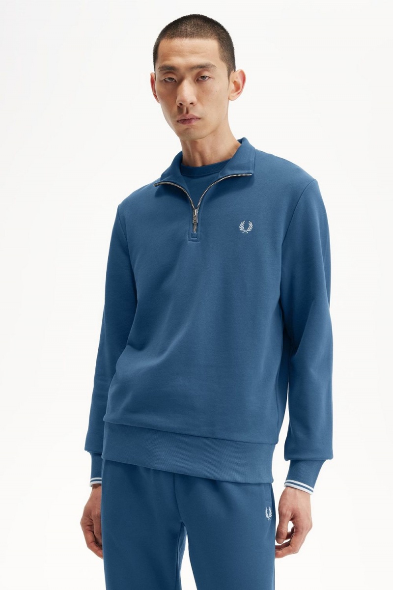 Fred Perry Half Zip Men's Sweatshirts Midnight Blue Light Aqua | KLDNJ3901