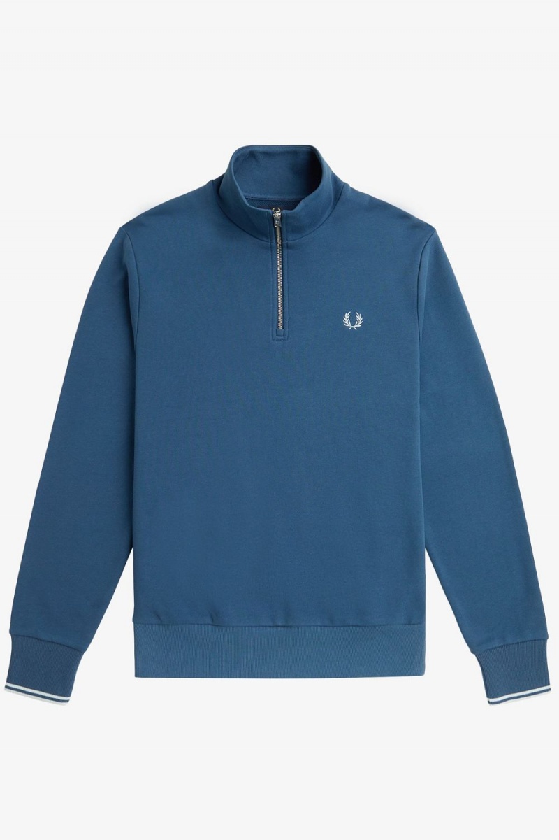 Fred Perry Half Zip Men's Sweatshirts Midnight Blue Light Aqua | KLDNJ3901