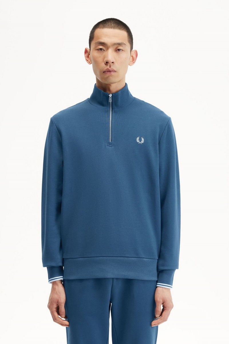 Fred Perry Half Zip Men\'s Sweatshirts Midnight Blue Light Aqua | KLDNJ3901