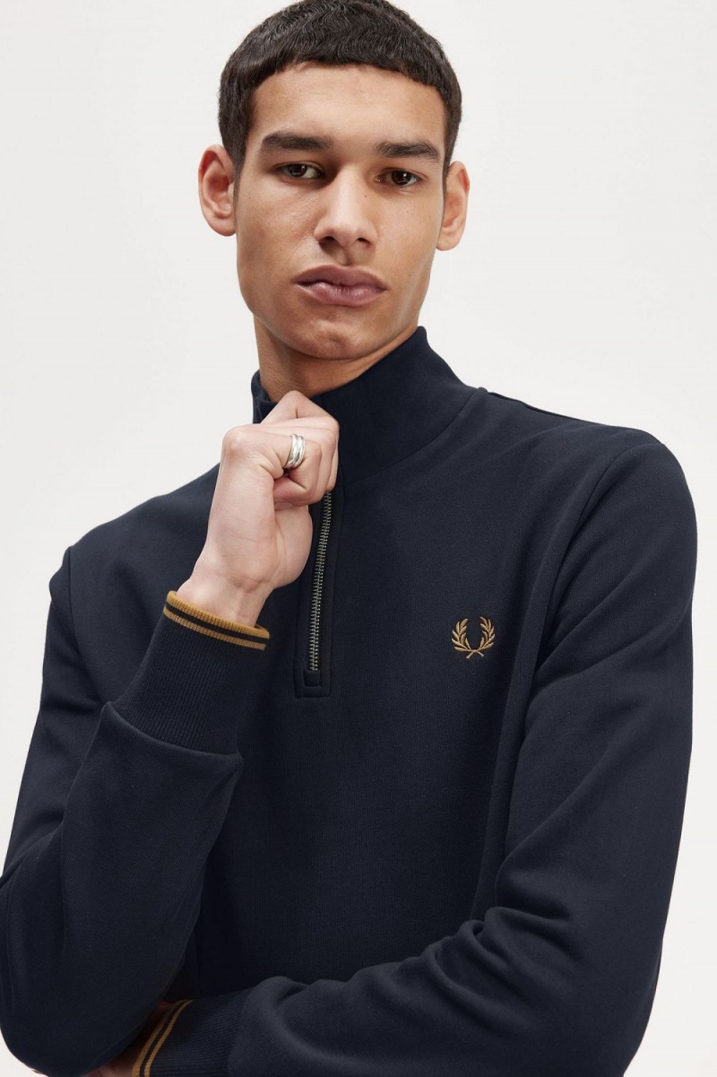 Fred Perry Half Zip Men's Sweatshirts Navy Dark Coffee | KADUN1058