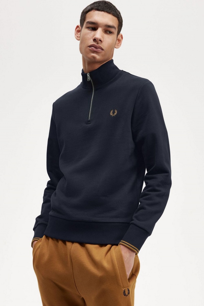 Fred Perry Half Zip Men's Sweatshirts Navy Dark Coffee | KADUN1058