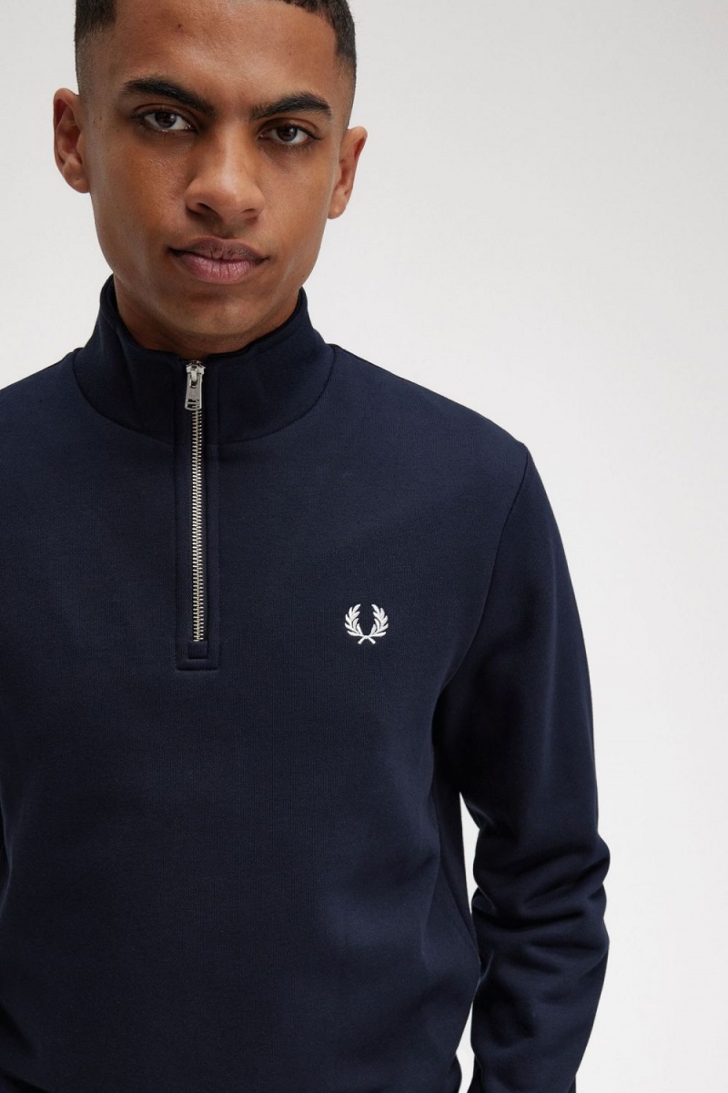 Fred Perry Half Zip Men's Sweatshirts Navy | NYRHV1529