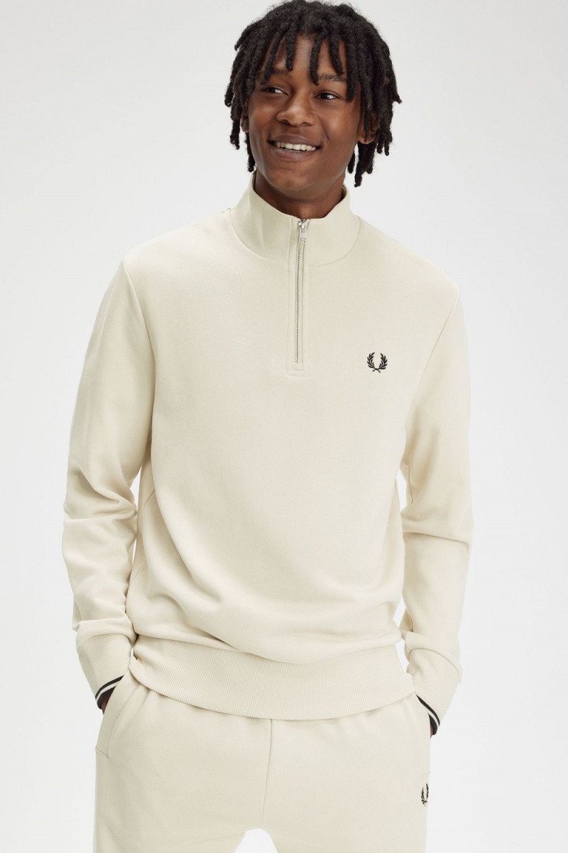 Fred Perry Half Zip Men's Sweatshirts Oatmeal Black | QTMSJ8643