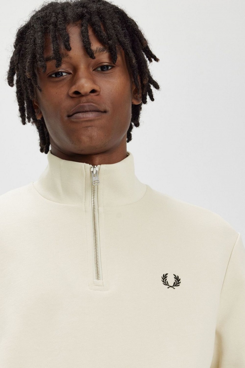 Fred Perry Half Zip Men's Sweatshirts Oatmeal Black | QTMSJ8643