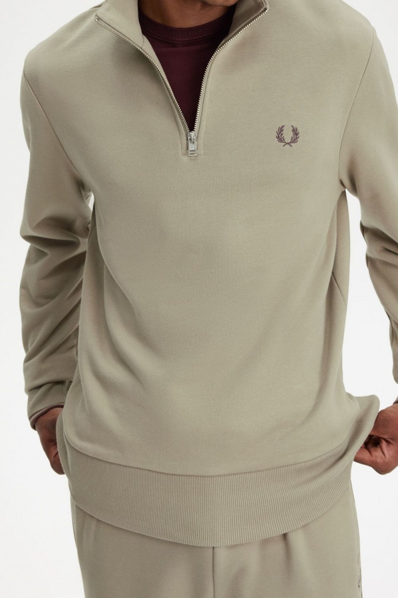 Fred Perry Half Zip Men's Sweatshirts Warm Grey Dark Red | ZWUPM7295