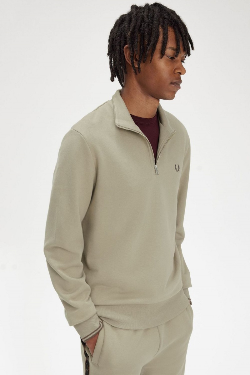 Fred Perry Half Zip Men's Sweatshirts Warm Grey Dark Red | ZWUPM7295