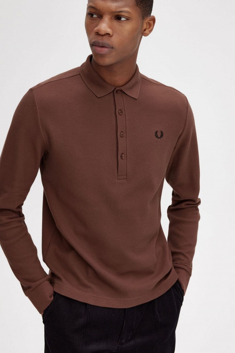 Fred Perry Honeycomb Cotton Long Sleeve Men's Polo Shirt Whisky Brown | CRSBD5321