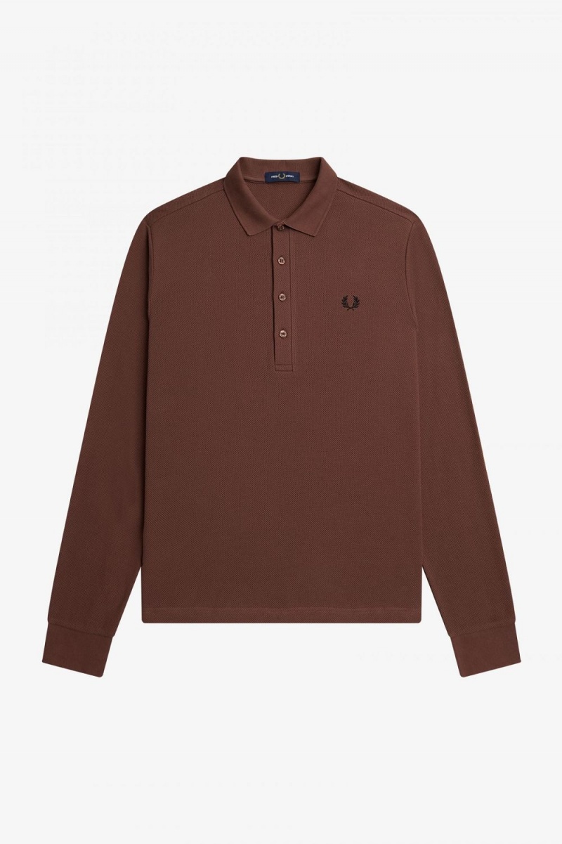 Fred Perry Honeycomb Cotton Long Sleeve Men's Polo Shirt Whisky Brown | CRSBD5321