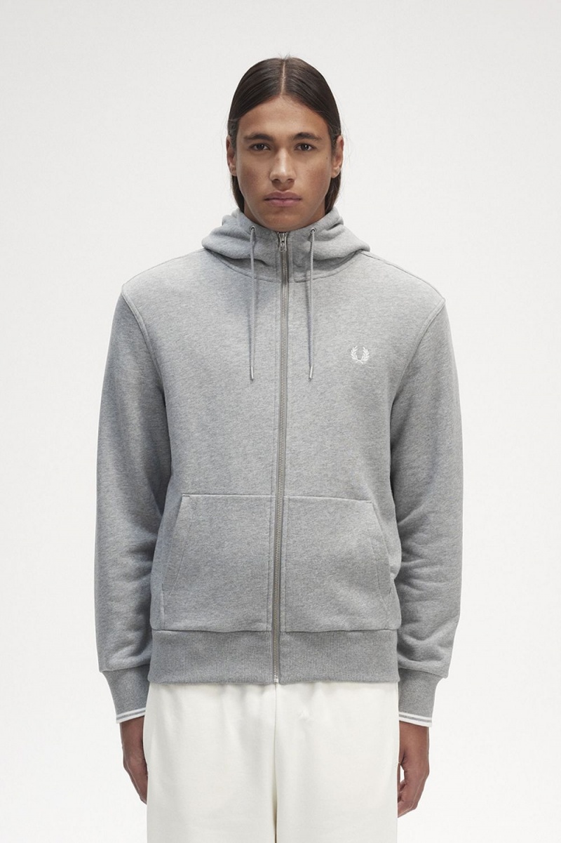 Fred Perry Hooded Zip Through Men\'s Sweatshirts Grey | LZGWF1780