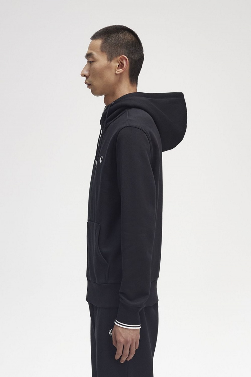 Fred Perry Hooded Zip Through Men's Sweatshirts Black | IFJXL8302