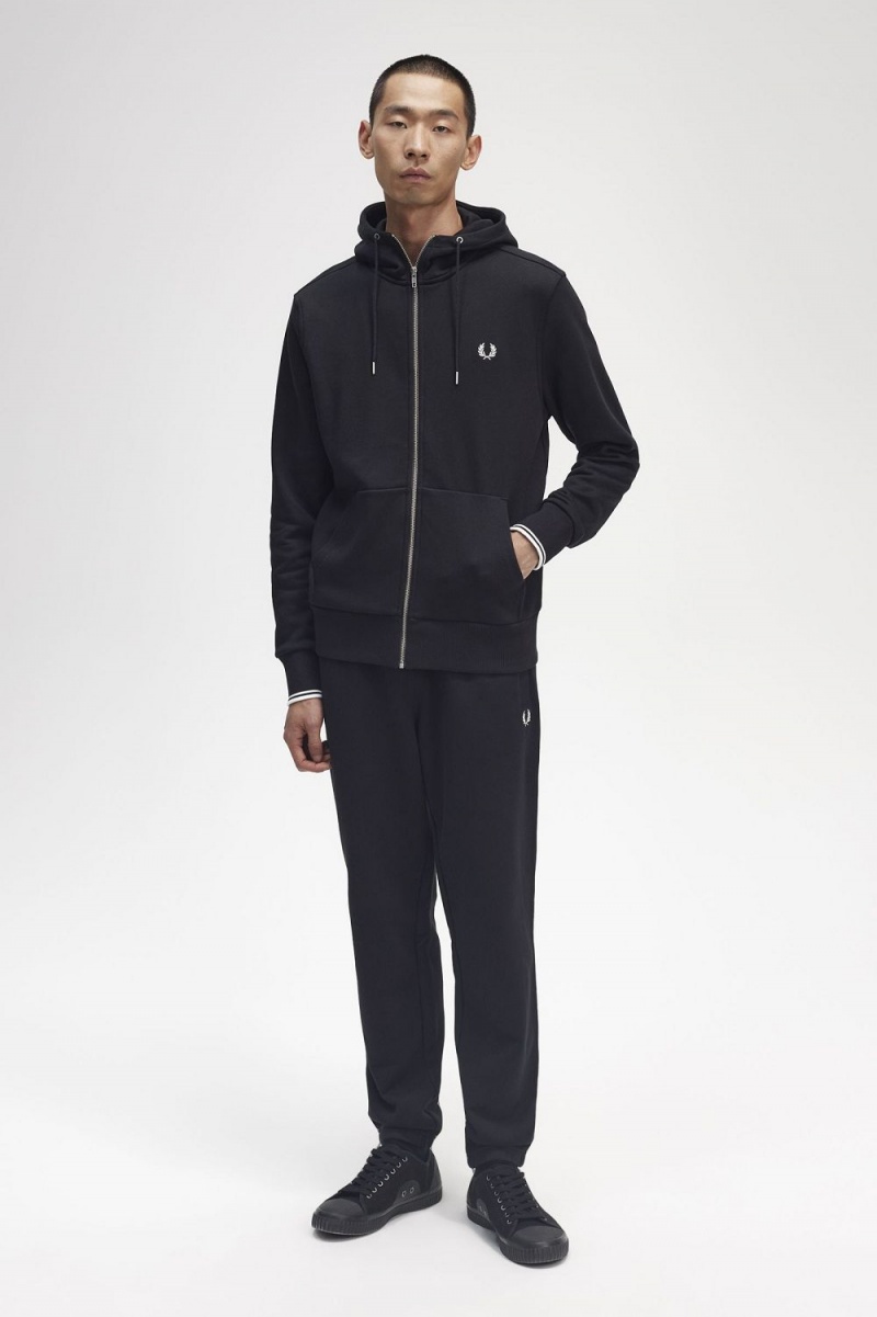 Fred Perry Hooded Zip Through Men's Sweatshirts Black | IFJXL8302