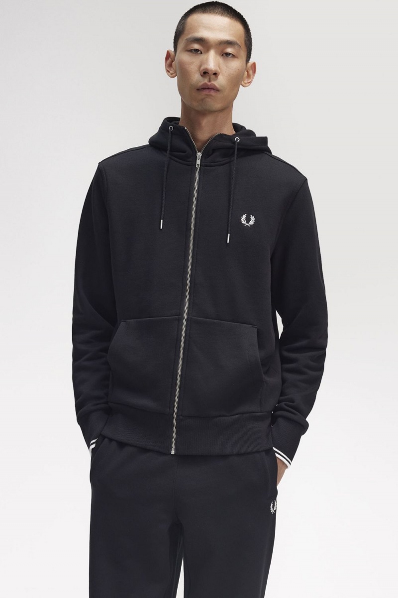 Fred Perry Hooded Zip Through Men's Sweatshirts Black | IFJXL8302