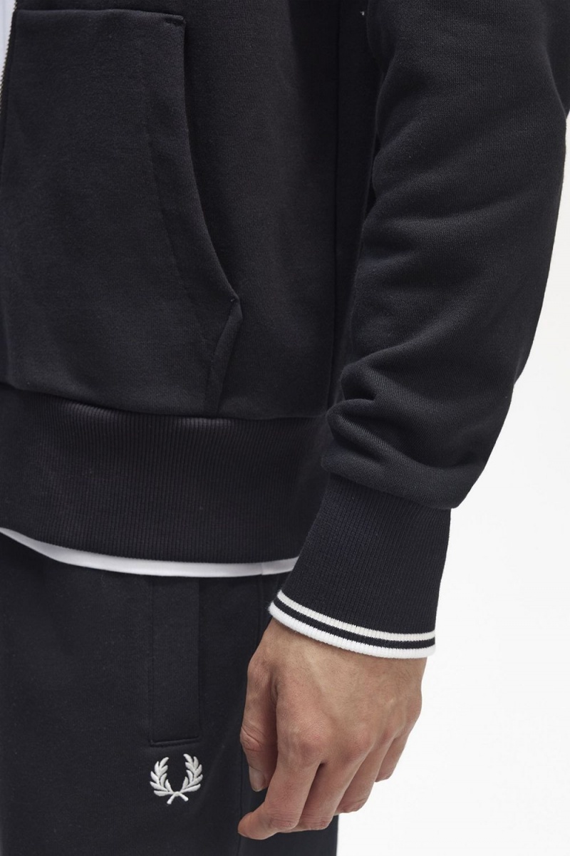 Fred Perry Hooded Zip Through Men's Sweatshirts Black | IFJXL8302