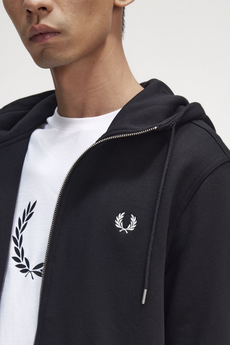 Fred Perry Hooded Zip Through Men's Sweatshirts Black | IFJXL8302