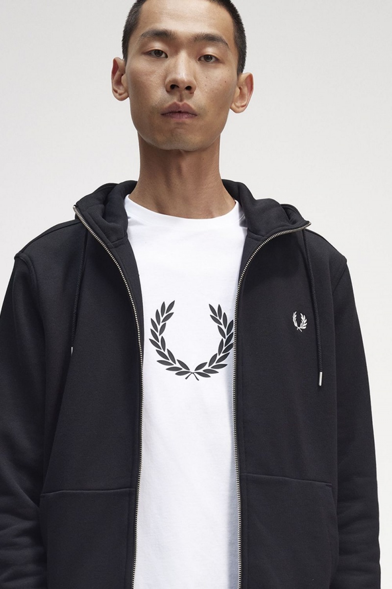 Fred Perry Hooded Zip Through Men's Sweatshirts Black | IFJXL8302