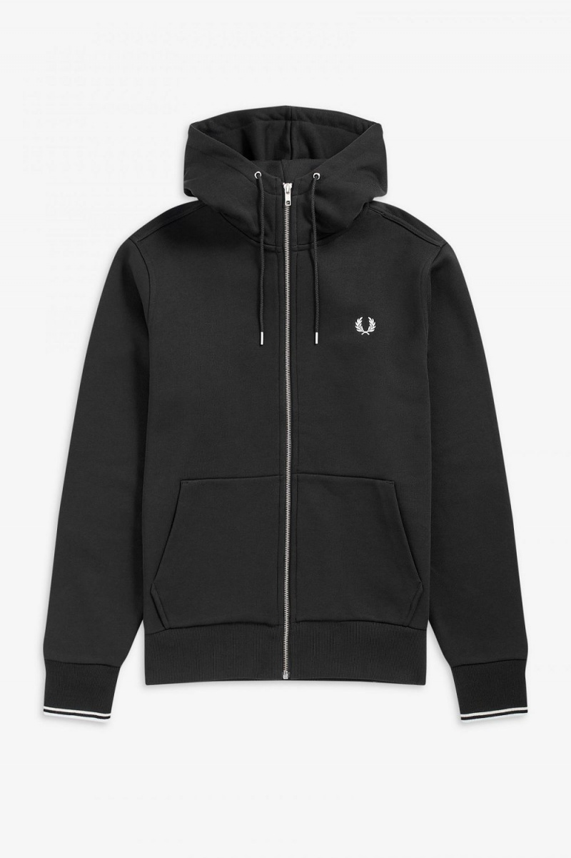 Fred Perry Hooded Zip Through Men's Sweatshirts Black | IFJXL8302